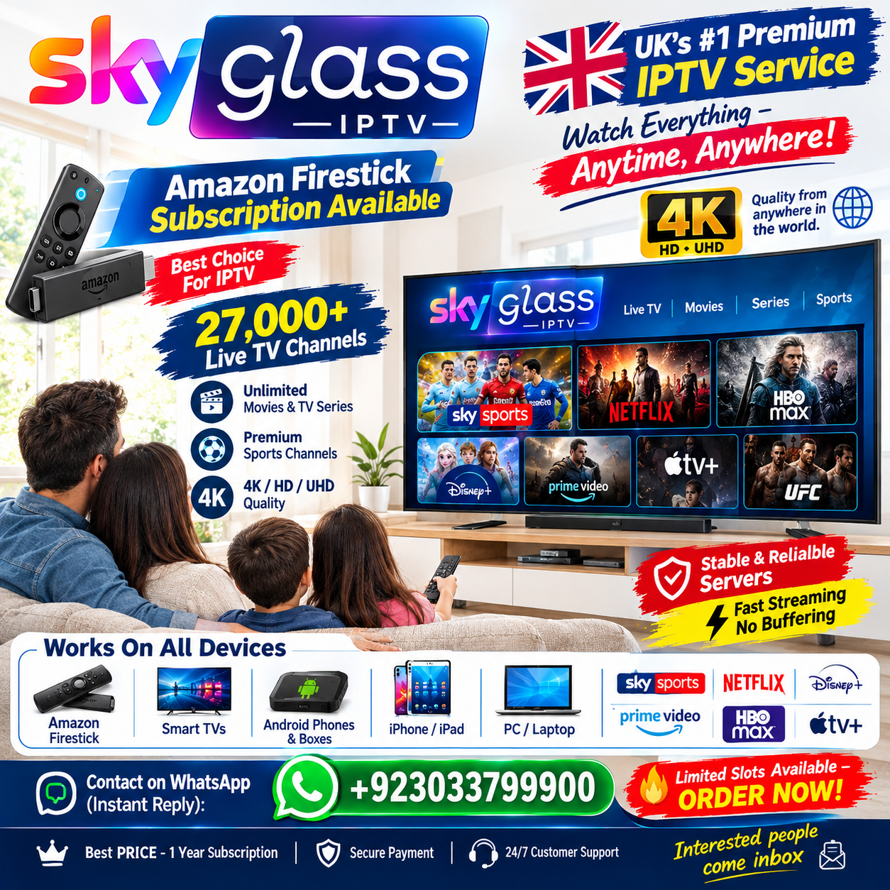 SKY GLASS IPTV 1 YEAR - UK BEST IPTV Service Provider / SKY TV Channel package in UK